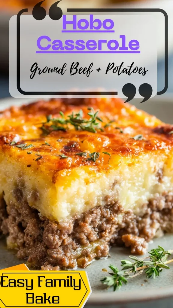 Side view of golden potato-topped ground beef casserole in a 9×13 pan, browned edges and parsley garnish, slice removed.