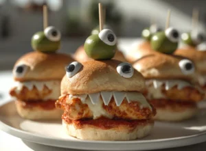 Halloween chicken parm sliders with olive eyes and cheese teeth.