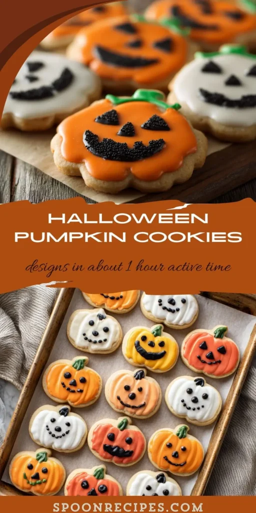 Close up of pumpkin-shaped sugar cookies, orange and white, with black jack-o’-lantern faces on a lined baking sheet.