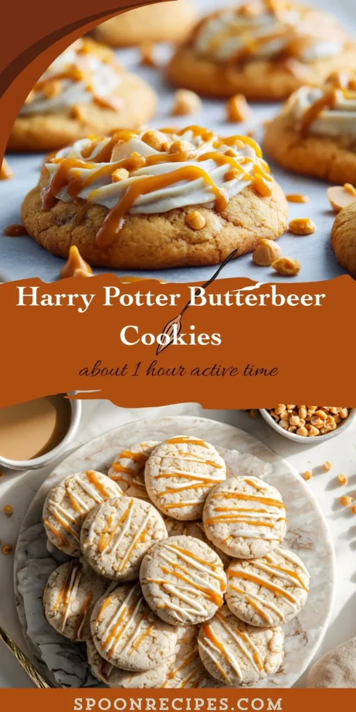 A plate of butterbeer cookies with swirled frosting and caramel drizzle served with two mugs of hot cocoa.
