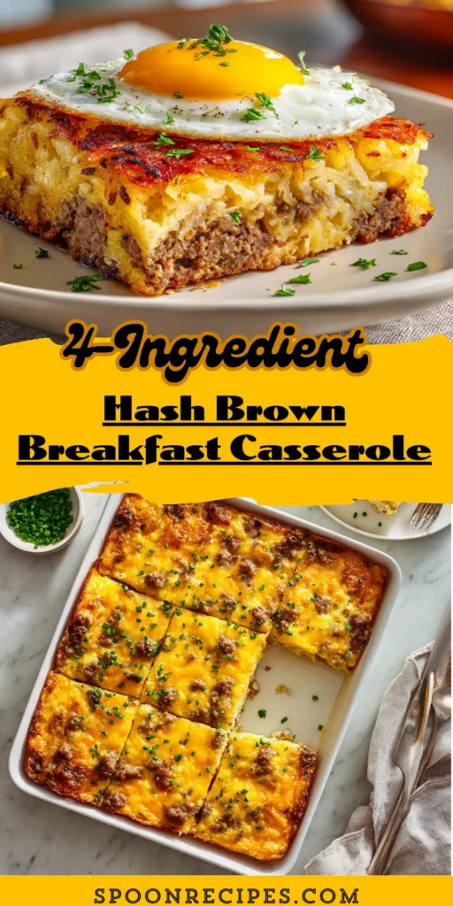 pan of four-ingredient hash brown egg bake with sausage and cheddar, golden top, one square removed, on marble.