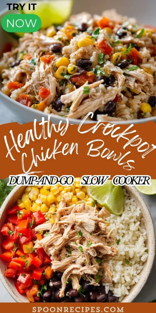 Meal-prep containers with brown rice and shredded crockpot chicken with peppers, beans, and corn; no herbs.