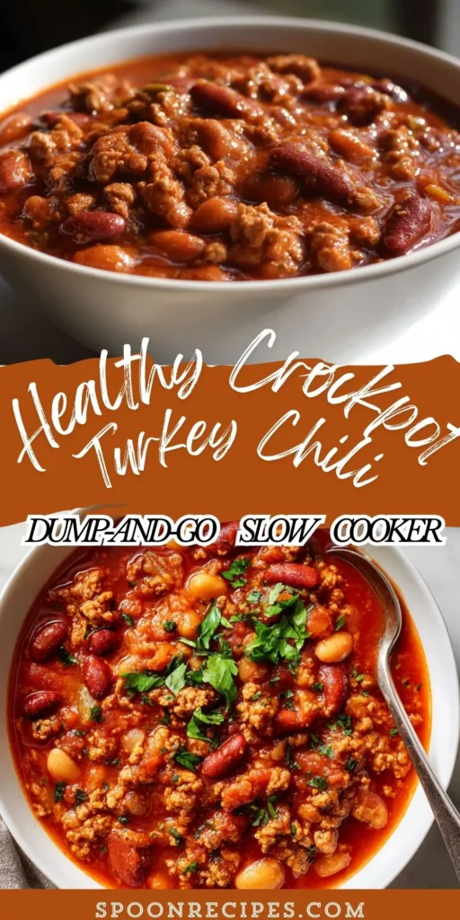 Bowl of healthy crockpot turkey chili with lean turkey, beans, tomatoes, and spices; thick and hearty, no herb garnish.