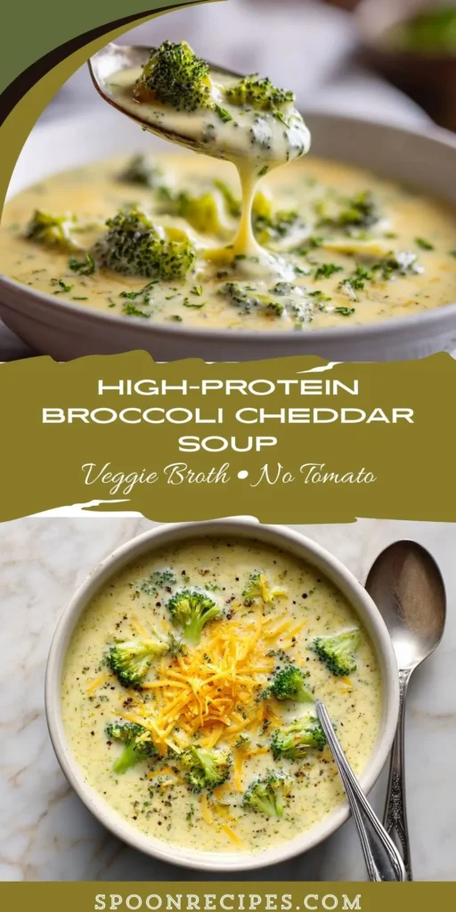 Creamy broccoli cheddar soup in a white bowl; veggie-broth base, no tomato; protein-boosted and cozy for cold-weather meal prep.