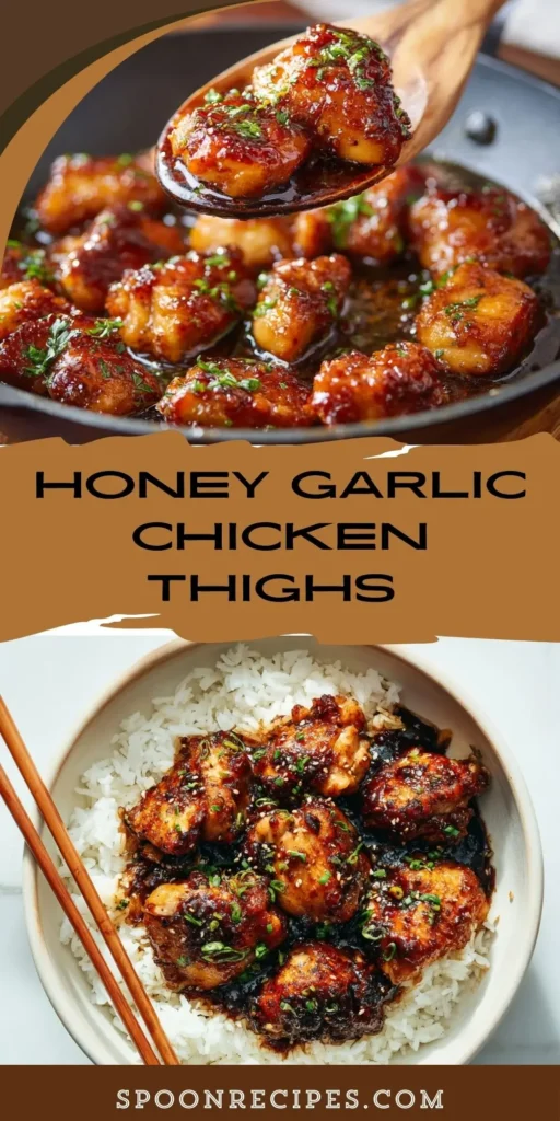 Bowl of sticky honey garlic chicken thighs over rice—golden seared pieces coated in glossy honey-garlic-soy sauce.