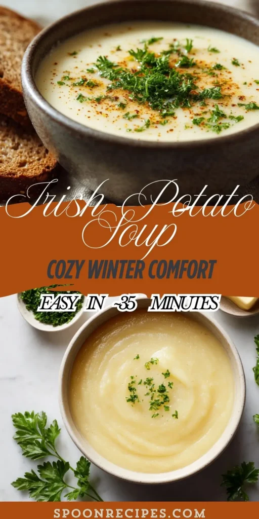 Creamy Irish potato soup in a bowl with parsley, rustic bread on the side, soft light and smooth texture, no visible steam.