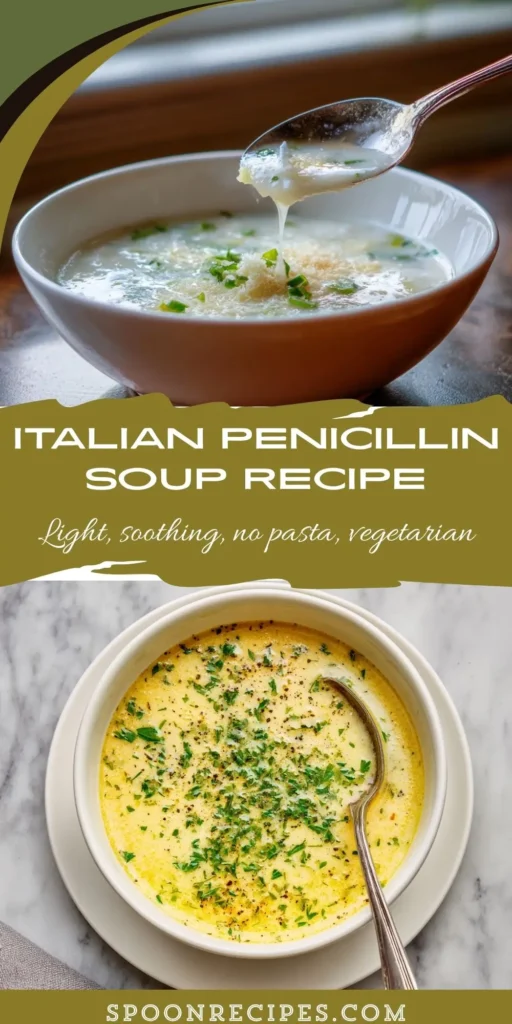 Creamy yellow Italian penicillin soup in a white bowl with herbs and Parmesan, lemony and light, no pasta, vegetarian and soothing.
