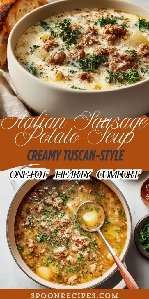 Creamy Italian sausage potato soup with kale in a white bowl, Parmesan on top, spoon and bread on a light marble surface.