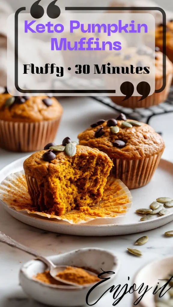 Keto pumpkin muffins; one bitten shows moist crumb, pepitas and chocolate chips—pumpkin chocolate chip muffins.