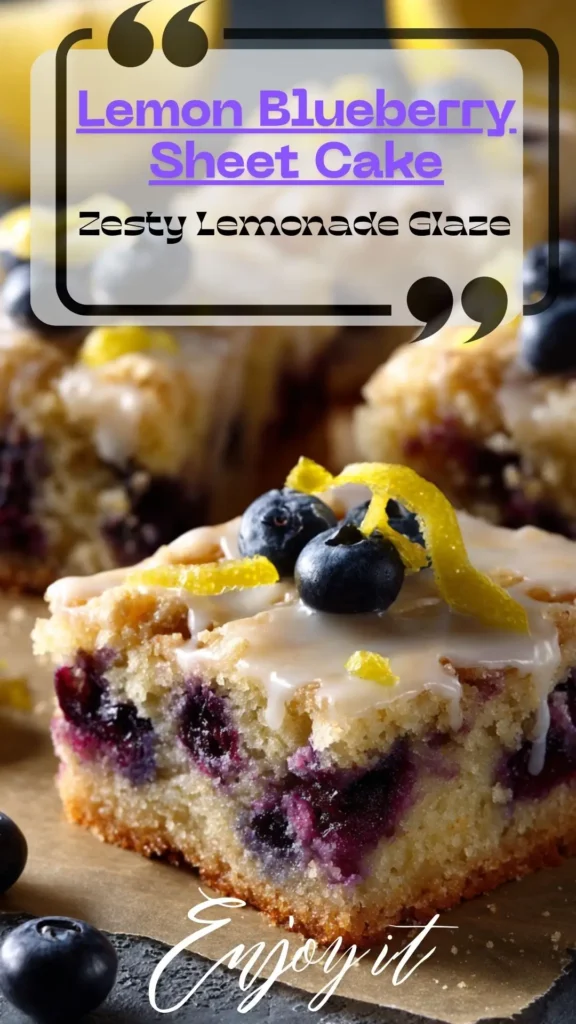 Close-up slice of lemon blueberry sheet cake with glossy lemonade glaze, blueberries and lemon zest curls on parchment.