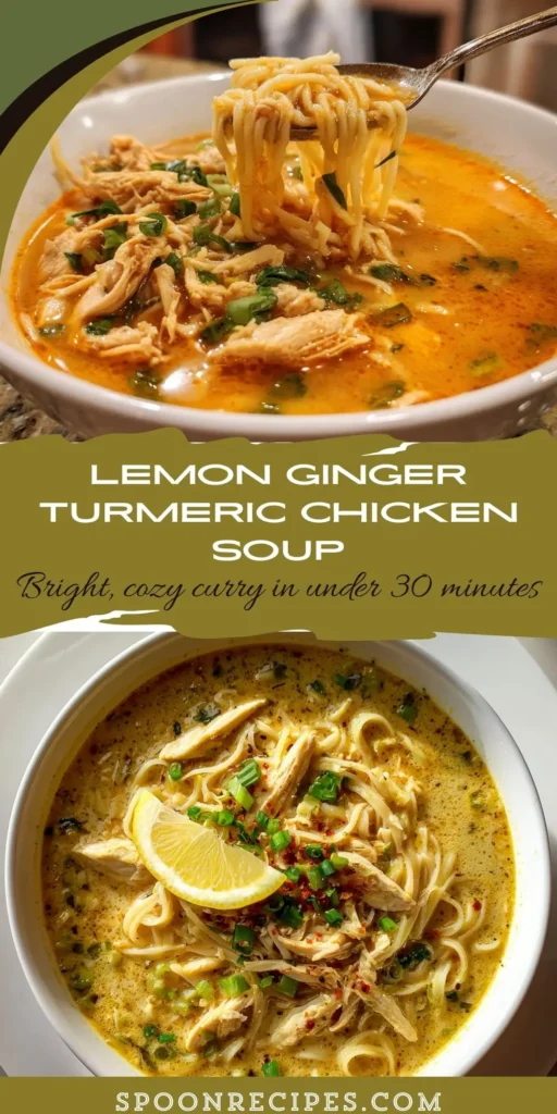 Orange-gold curry chicken soup with noodles, tender chicken, and herbs in a white bowl; bright lemon-ginger flavor; 30-minute dinner.