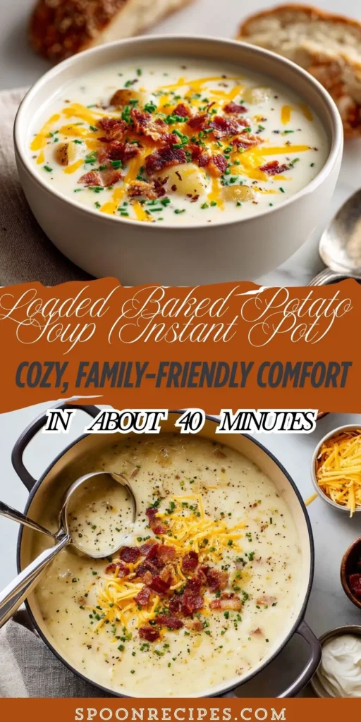 Crockpot full of loaded baked potato soup beside bowls of bacon, cheddar, and chives ready for topping on a weeknight table.