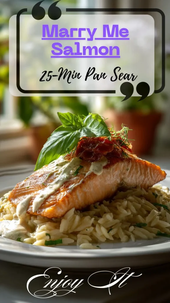 Side view of Marry Me Salmon: pan-seared fillet over orzo, drizzled with sun-dried tomato Parmesan cream, basil garnish.