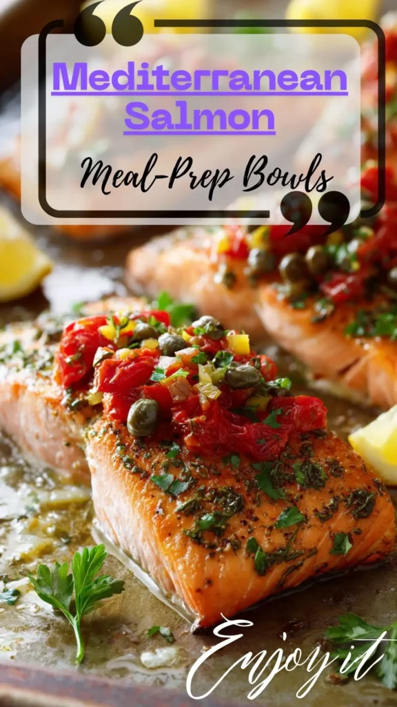 Close-up of baked Mediterranean salmon fillets on a sheet pan, herb-crusted and topped with tomato-olive-capers relish, parsley, and lemon.