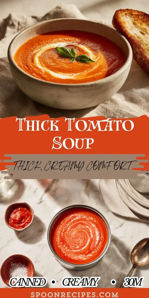Bowl of thick creamy tomato soup with a cream swirl and basil, close-up with spoon and toast on a simple linen.