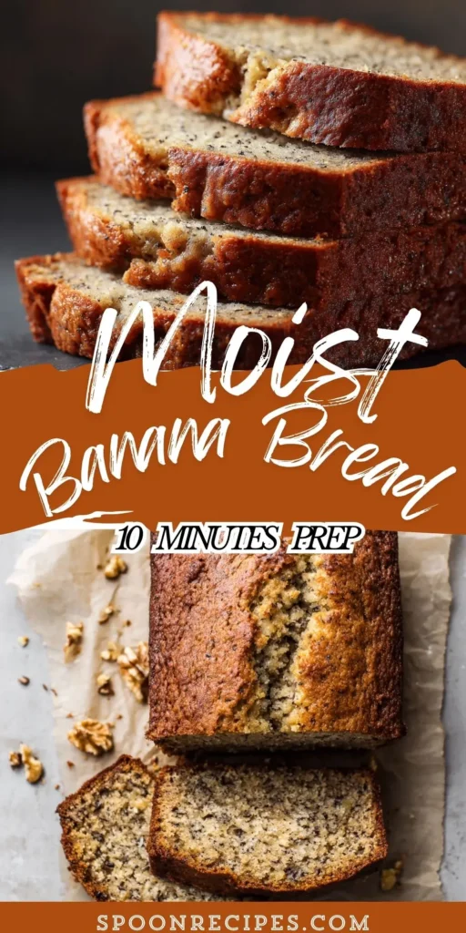 Close-up slices of moist banana bread with a golden crust and tender crumb on a board; no garnish.