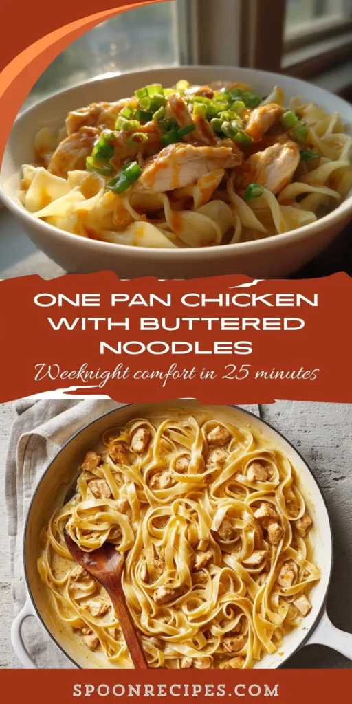 Close-up of golden chicken over silky buttered egg noodles in a skillet, glossy stock-butter sauce; easy one-pan dinner.