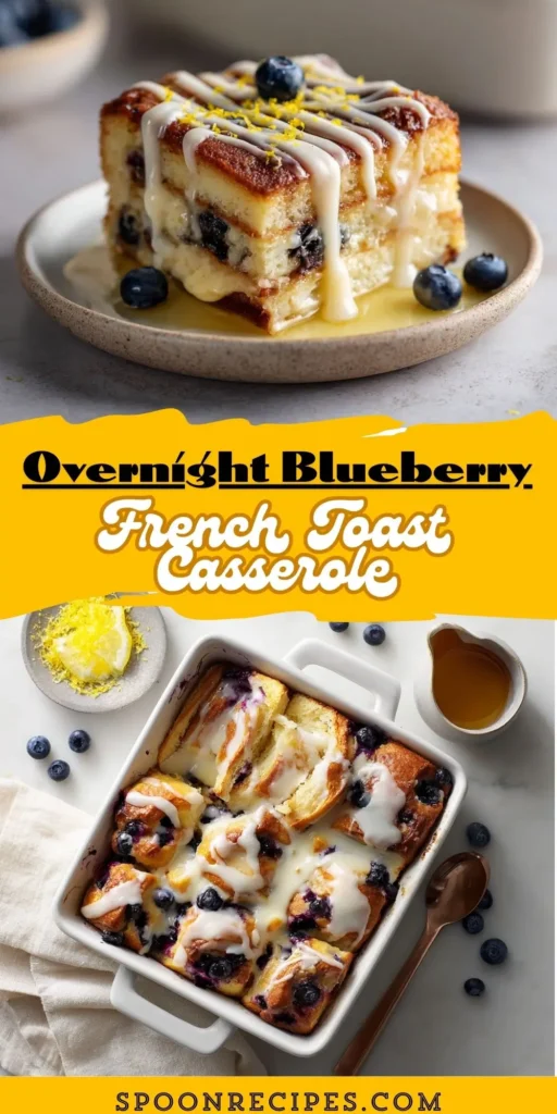 Golden blueberry french toast casserole in a 9×13 pan, blueberries and glaze on top, slice missing, on marble with maple syrup.