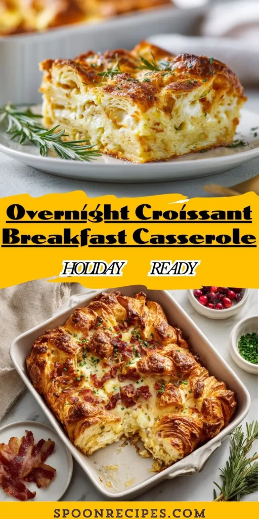 Golden overnight croissant breakfast casserole—slice on plate with rosemary, 9x13 pan with bacon and chives on marble.