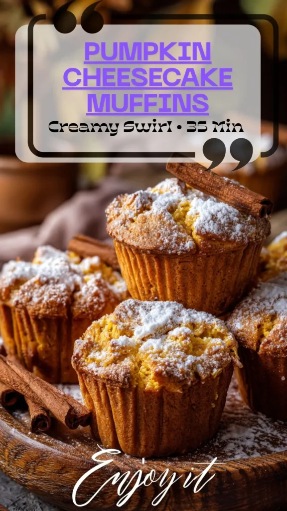 Side view of pumpkin cheesecake muffins with creamy swirl, dusting of powdered sugar and cinnamon sticks on wooden platter.