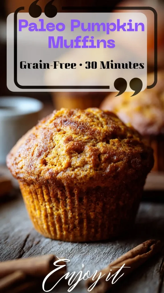 Close-up paleo pumpkin muffin, golden domed top on rustic wood with cinnamon; grain-free pumpkin muffins, keto pumpkin muffins.