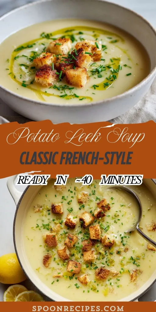 Velvety potato leek soup in a white bowl with chive oil and croutons on marble, spoon and napkin nearby, soft natural light.