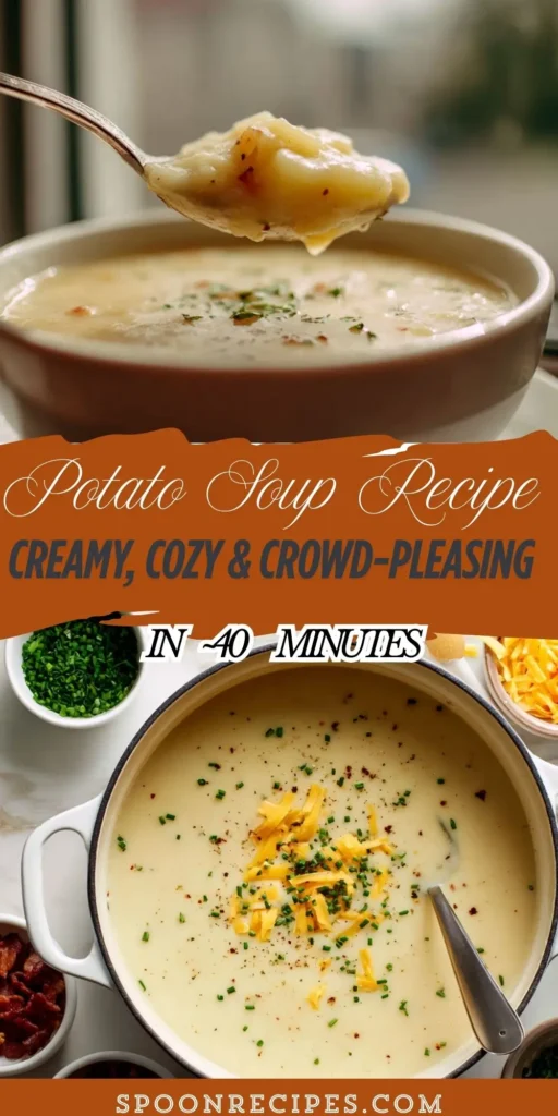 Creamy potato soup in a white bowl topped with cheddar, bacon, and chives, with a spoon and bread on a clean marble surface.