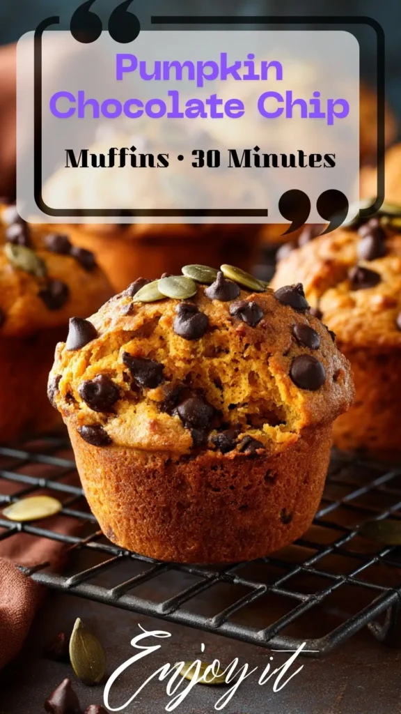 Close-up pumpkin chocolate chip muffin with melty chips and pepitas on a cooling rack; warm orange crumb; pumpkin muffins, keto pumpkin muffins.