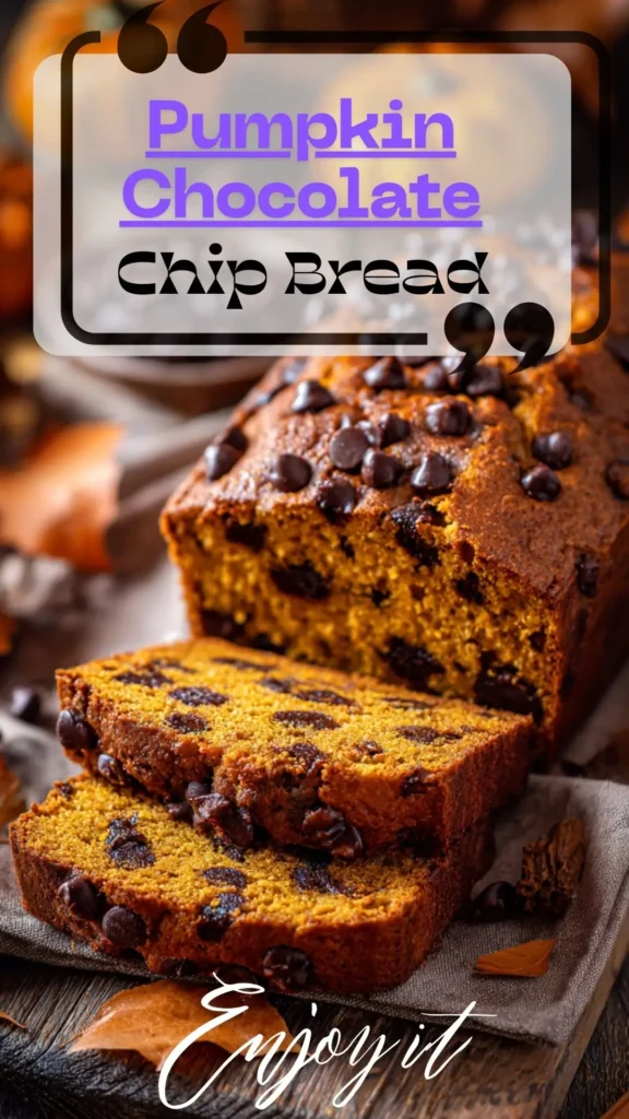 Side view of sliced pumpkin chocolate chip loaf on parchment; moist orange crumb, melty chips, light cinnamon dusting.