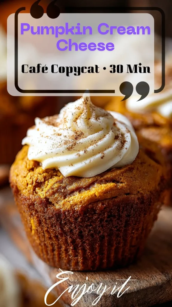 Close-up pumpkin cream cheese muffin with piped swirl and cinnamon on a wooden board—Starbucks pumpkin cream cheese muffins copycat.