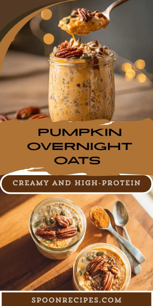 Jar of pumpkin overnight oats topped with pepitas and pecans—creamy oats with real pumpkin, chia, and warm spices; high-protein make-ahead breakfast.