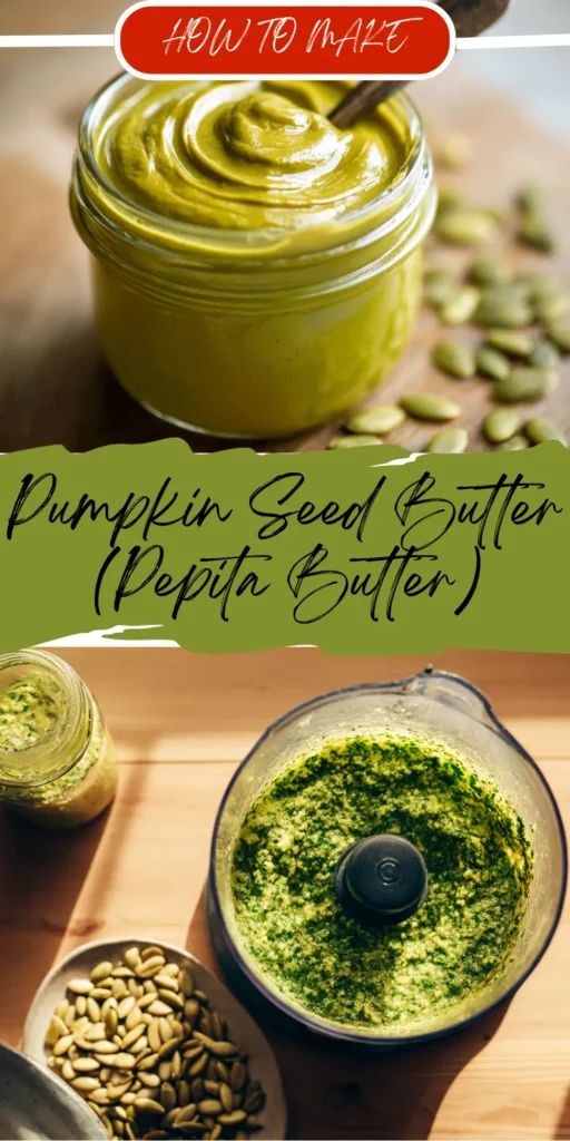 Jar and food processor showing creamy nut-free vegan pumpkin seed butter made from toasted pepitas,