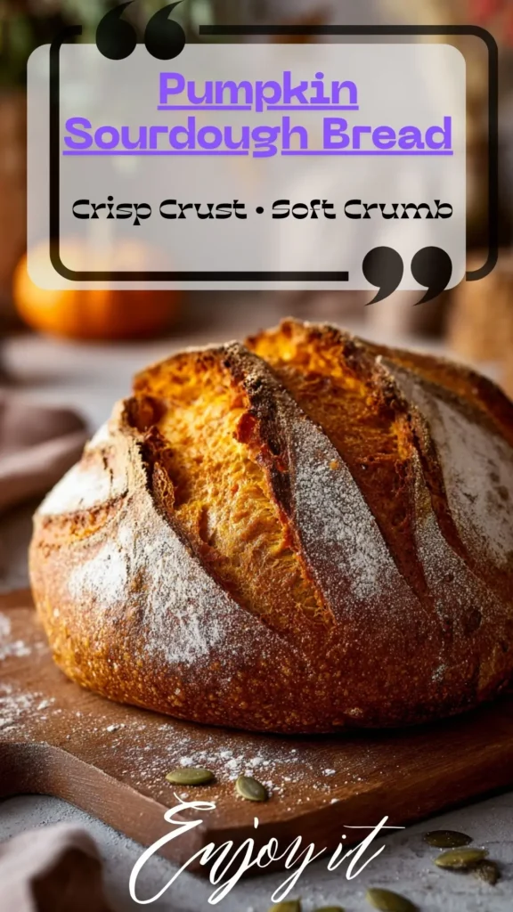 Pumpkin sourdough bread artisan loaf with deep ear, flour-dusted crust on wooden board; crisp crust, soft orange crumb.
