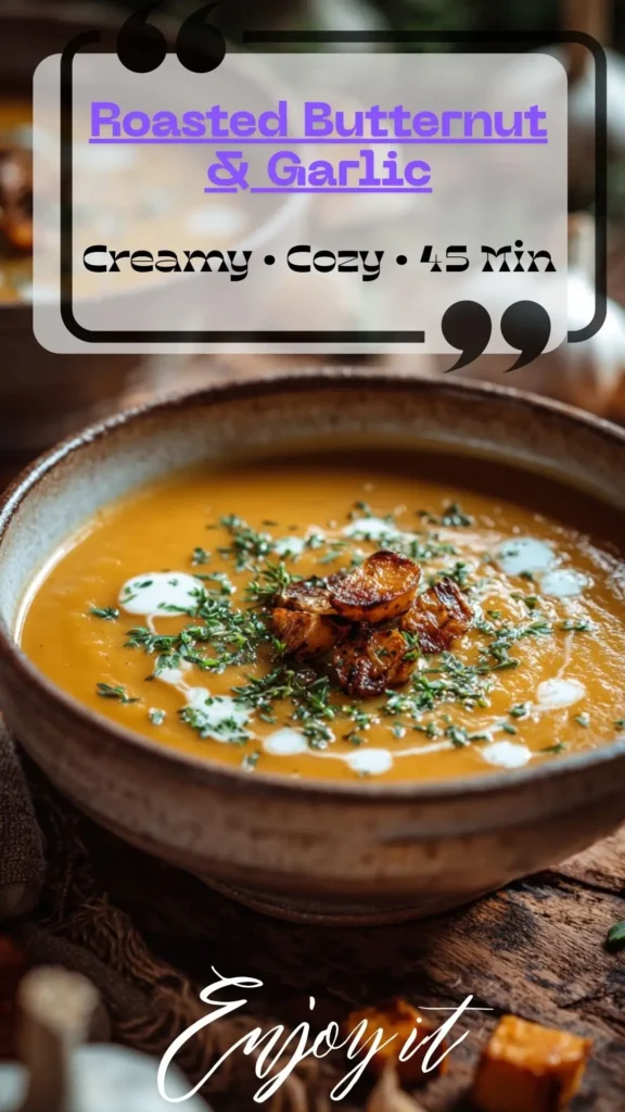 Creamy roasted butternut squash soup topped with caramelized garlic, thyme, and a yogurt swirl in a rustic bowl on a wooden table.