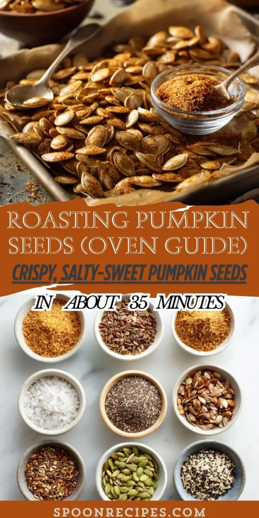 Sheet pan of golden roasted pumpkin seeds, half sweet with cinnamon sugar and half savory with paprika, cooling on parchment.