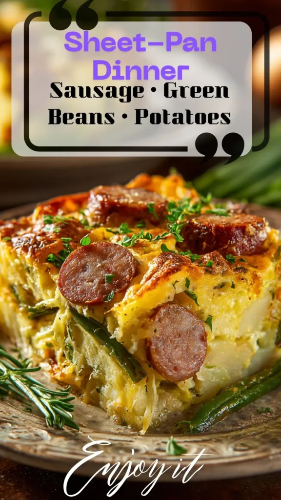 Kielbasa Potatoes Green Beans casserole, baked golden; Sausage And Potatoes In Oven + Potato And Green Bean Recipe.