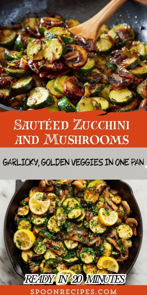 Skillet with browned zucchini coins and sliced mushrooms tossed in garlic butter, parsley and lemon finish, tender-crisp.