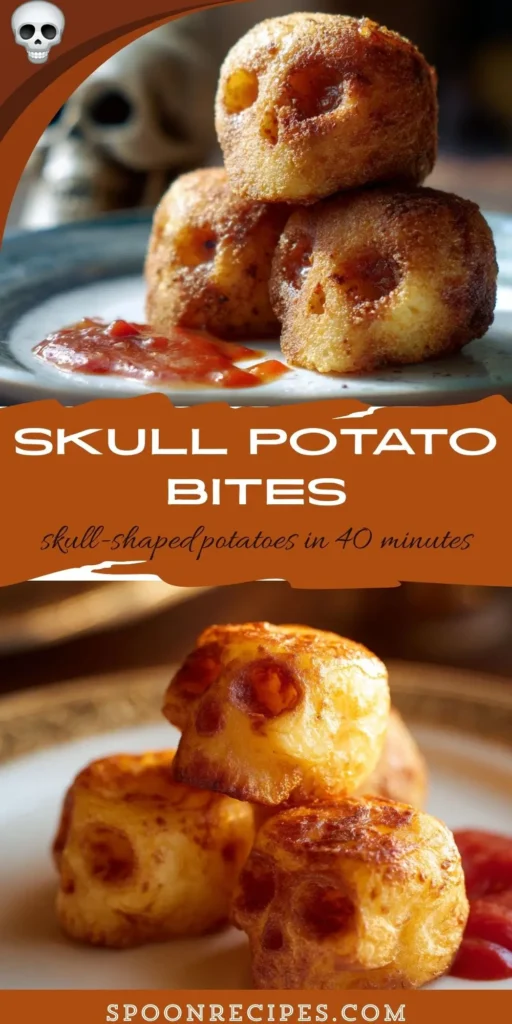 Close-up of crispy skull-shaped potato bites on a tray with red dipping sauce and herb flecks; spooky Halloween party snack.