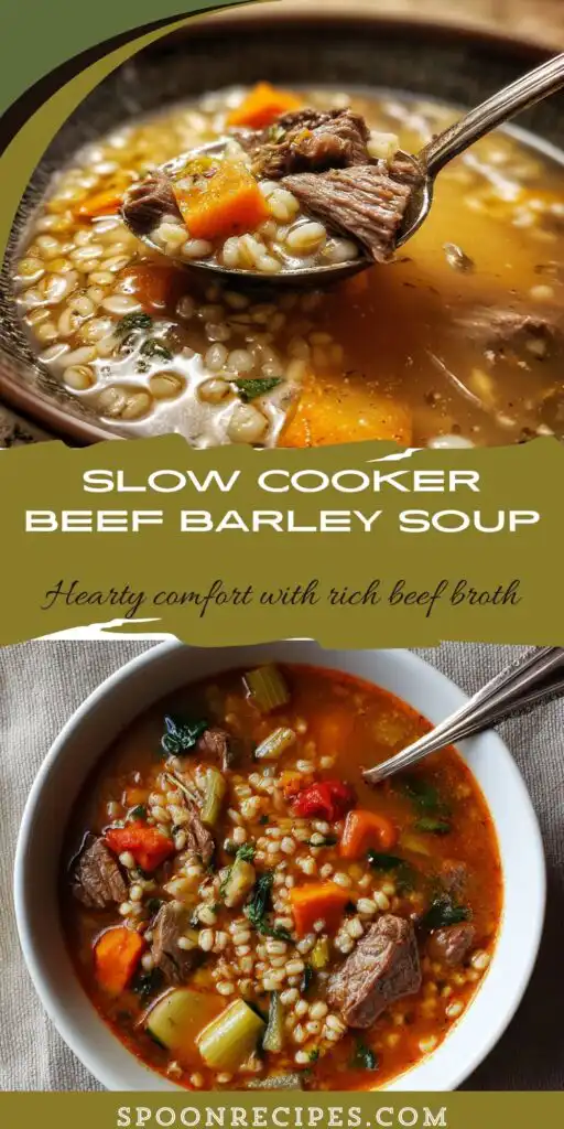 Overhead bowl of beef barley soup with carrots, celery, and parsley in rich beef broth; slow cooker hearty comfort dinner.