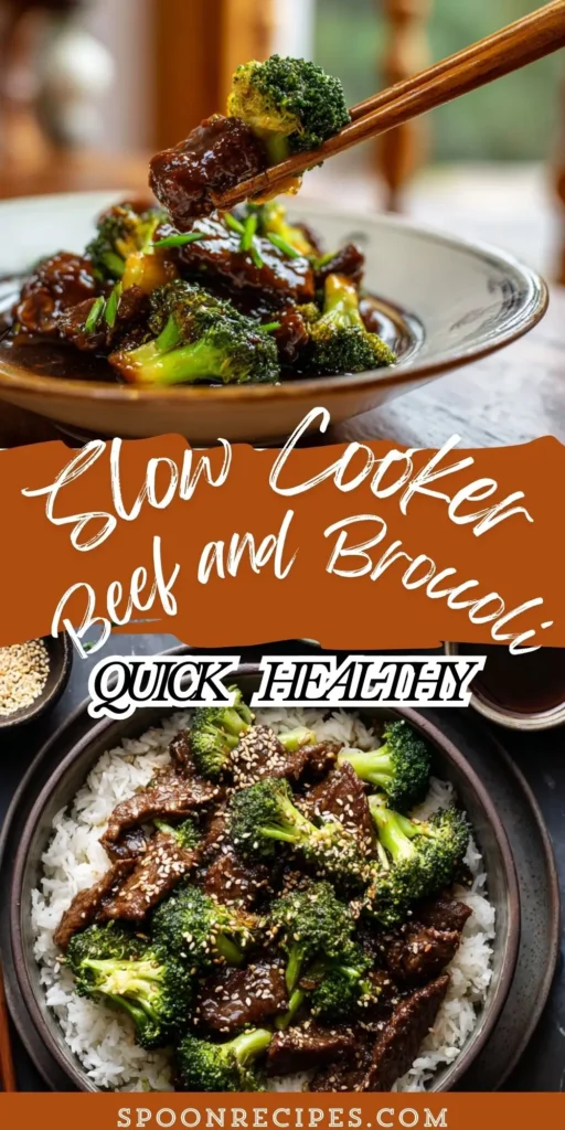 Bowl of slow cooker beef and broccoli with glossy sauce over rice, sesame seeds on top; extra broccoli florets on the side.