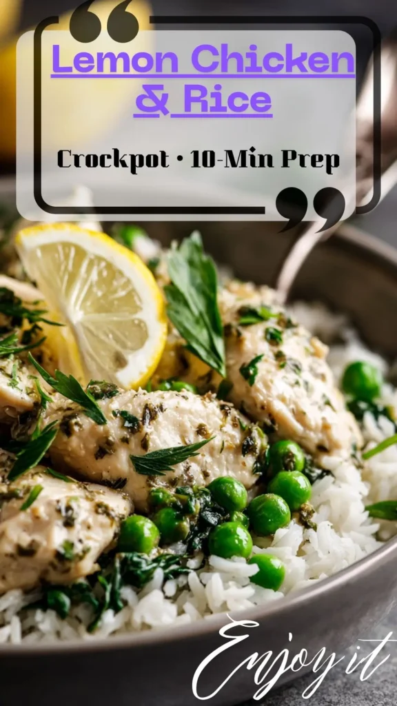 Bowl of lemon herb chicken and rice with peas and lemon — Crockpot Lemon Chicken; Lazy Dinners Crockpot.