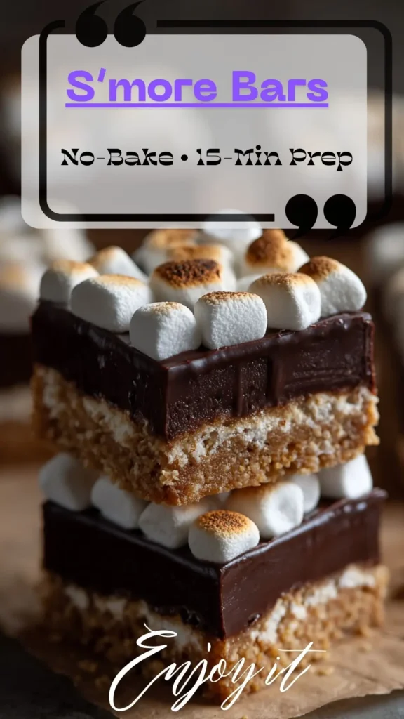 Side view stack of no-bake s’more bars—graham cracker crust, glossy chocolate layer, and toasted mini marshmallows on parchment.