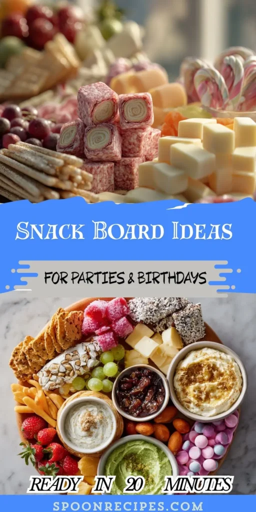 Overhead view of a colorful snack board with cheeses, crackers, meats, fruit, candy, and dips on a wooden tray.