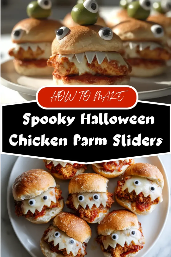 Spooky Halloween Chicken Parm Sliders with mozzarella teeth and olive eyes, fun cheesy party snack idea.