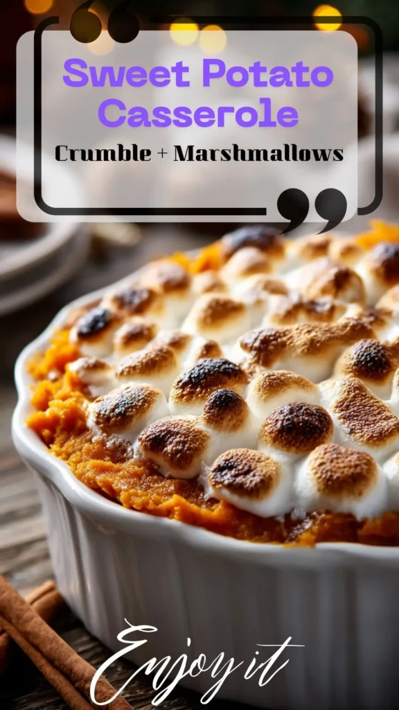 Sweet Potato Casserole topped with toasted marshmallows in a white baking dish—Thanksgiving side dish and classic sweet potato recipe.