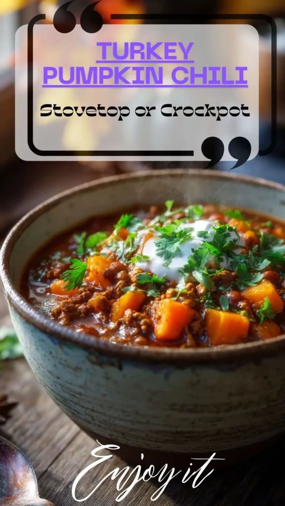 Side view of rustic bowl of turkey pumpkin chili with beans, diced pumpkin, yogurt and cilantro on a wooden table.