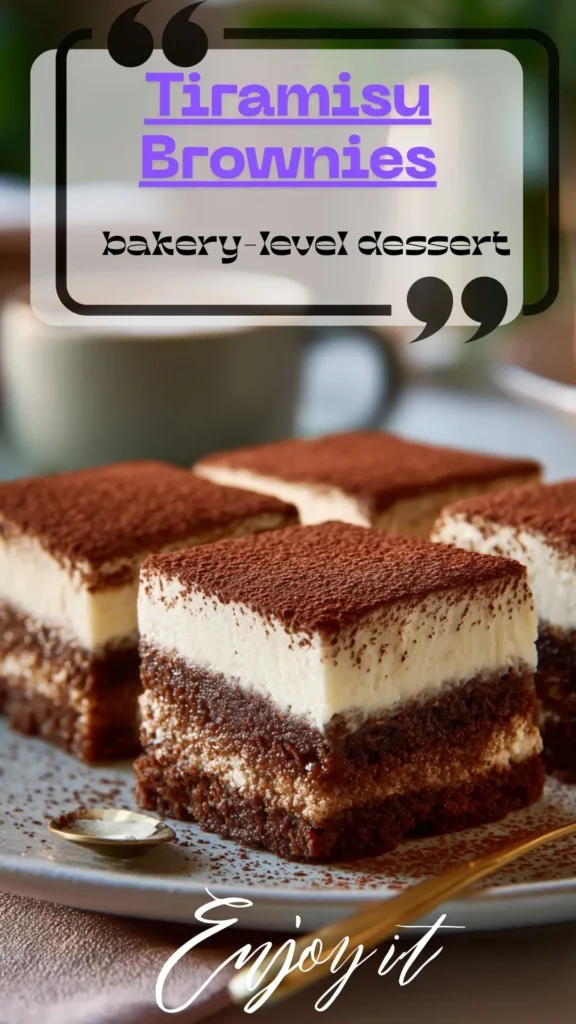 Side view stack of tiramisu brownies: espresso-brushed chocolate base, mascarpone cream layer, cocoa dusting on a plate.