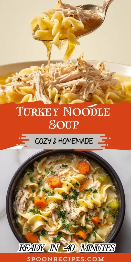 Overhead bowl of turkey noodle soup with egg noodles, shredded turkey, carrots, and celery in golden broth topped with parsley.