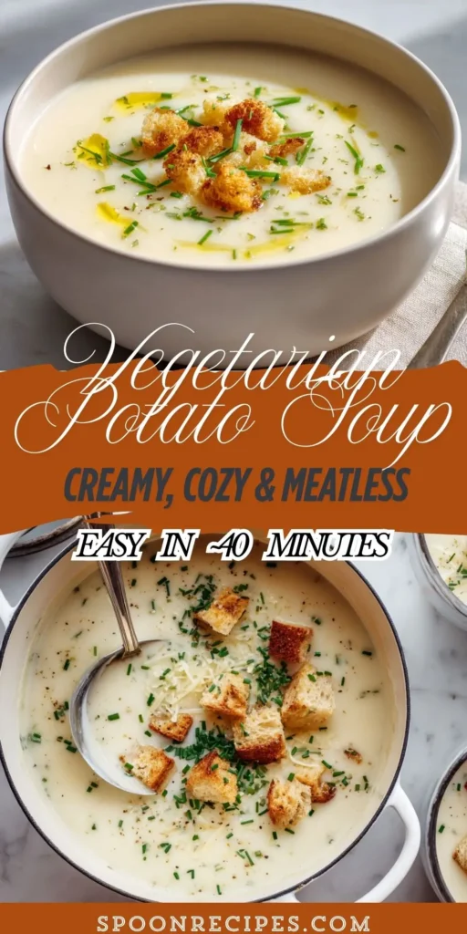 Creamy vegetarian potato soup in a white bowl topped with chives and olive oil drizzle on marble with spoon and bread nearby.