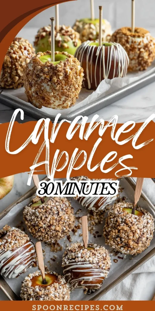 Bite-size caramel-dipped apple balls on toothpicks, rolled in nuts and sprinkles, arranged on a tray.